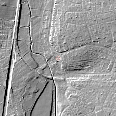 Shaded relief map of the ground around WS41DF, computed from Environment Agency LiDAR. The ground here sits at about 131 m above sea level and falls 15 m across the surrounding 800 m. Surface water reaching this point runs off ground lying to the east-north-east, 4.4 m higher.