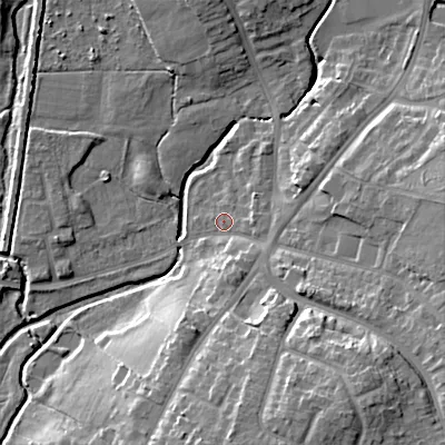 Shaded relief map of the ground around WS41ER, computed from Environment Agency LiDAR. The ground here sits at about 127 m above sea level and falls 20 m across the surrounding 800 m. Surface water reaching this point runs off ground lying to the south-south-east, 15.4 m higher.