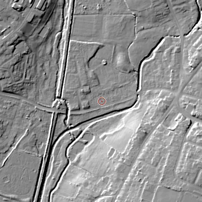 Shaded relief map of the ground around WS41ES, computed from Environment Agency LiDAR. The ground here sits at about 125 m above sea level and falls 20 m across the surrounding 800 m. Surface water reaching this point runs off ground lying to the south-east, 18.2 m higher.