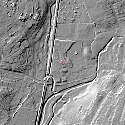 Shaded relief map of the ground around WS41EW, computed from Environment Agency LiDAR. The ground here sits at about 127 m above sea level and falls 19 m across the surrounding 800 m. Surface water reaching this point runs off ground lying to the north-north-west, 0.5 m higher.