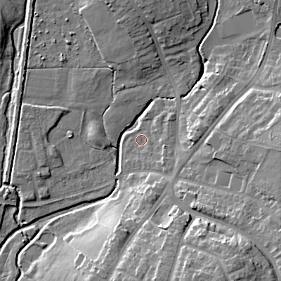 Shaded relief map of the ground around WS41EX, computed from Environment Agency LiDAR. The ground here sits at about 126 m above sea level and falls 19 m across the surrounding 800 m. Surface water reaching this point runs off ground lying to the south-east, 3.0 m higher.