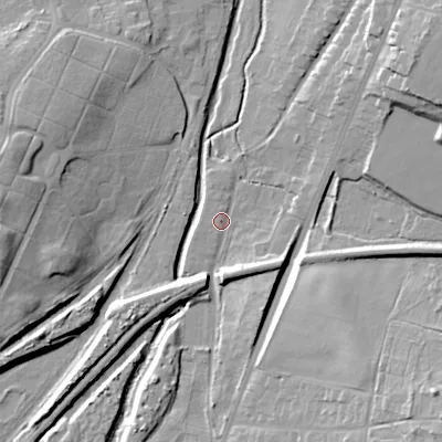 Shaded relief map of the ground around WS41GA, computed from Environment Agency LiDAR. The ground here sits at about 125 m above sea level and falls 23 m across the surrounding 800 m. Surface water reaching this point runs off ground lying to the north-east, 17.3 m higher.