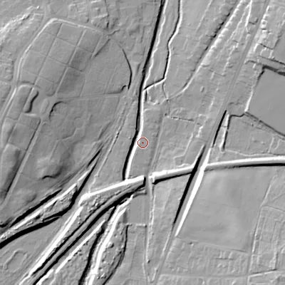 Shaded relief map of the ground around WS41GB, computed from Environment Agency LiDAR. The ground here sits at about 125 m above sea level and falls 22 m across the surrounding 800 m. Surface water reaching this point runs off ground lying to the south-south-west, 9.4 m higher.