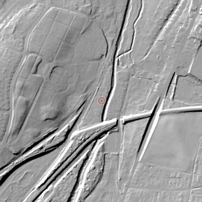 Shaded relief map of the ground around WS41GD, computed from Environment Agency LiDAR. The ground here sits at about 125 m above sea level and falls 22 m across the surrounding 800 m. Surface water reaching this point runs off ground lying to the south, 9.4 m higher.