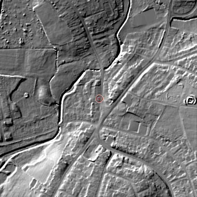 Shaded relief map of the ground around WS41NA, computed from Environment Agency LiDAR. The ground here sits at about 128 m above sea level and falls 19 m across the surrounding 800 m. Surface water reaching this point runs off ground lying to the south-south-east, 14.8 m higher.