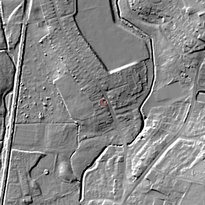 Shaded relief map of the ground around WS41NE, computed from Environment Agency LiDAR. The ground here sits at about 131 m above sea level and falls 14 m across the surrounding 800 m. Surface water reaching this point runs off ground lying to the north-north-west, 6.1 m higher.