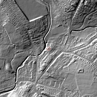 Shaded relief map of the ground around WS41NJ, computed from Environment Agency LiDAR. The ground here sits at about 129 m above sea level and falls 20 m across the surrounding 800 m. Surface water reaching this point runs off ground lying to the south-east, 2.6 m higher.