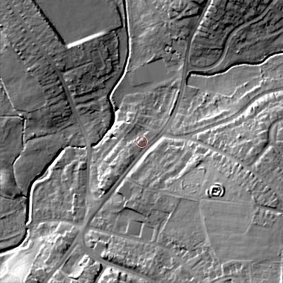 Shaded relief map of the ground around WS41NN, computed from Environment Agency LiDAR. The ground here sits at about 130 m above sea level and falls 23 m across the surrounding 800 m. Surface water reaching this point runs off ground lying to the south-west, 2.4 m higher.