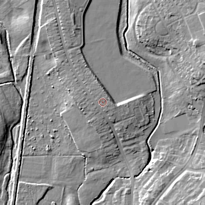 Shaded relief map of the ground around WS41NQ, computed from Environment Agency LiDAR. The ground here sits at about 133 m above sea level and falls 13 m across the surrounding 800 m. Surface water reaching this point runs off ground lying to the north-north-west, 1.6 m higher.