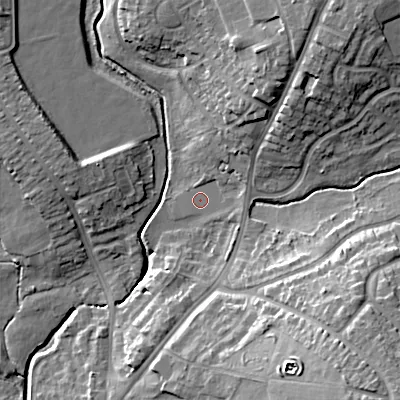 Shaded relief map of the ground around WS41PH, computed from Environment Agency LiDAR. The ground here sits at about 127 m above sea level and falls 19 m across the surrounding 800 m. Surface water reaching this point runs off ground lying to the north-east, 4.7 m higher.