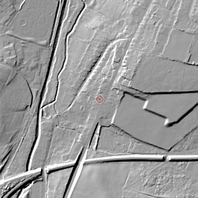 Shaded relief map of the ground around WS41SA, computed from Environment Agency LiDAR. The ground here sits at about 130 m above sea level and falls 22 m across the surrounding 800 m. Surface water reaching this point runs off ground lying to the north-east, 10.6 m higher.