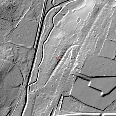 Shaded relief map of the ground around WS41SB, computed from Environment Agency LiDAR. The ground here sits at about 130 m above sea level and falls 22 m across the surrounding 800 m. Surface water reaching this point runs off ground lying to the east-north-east, 9.1 m higher.
