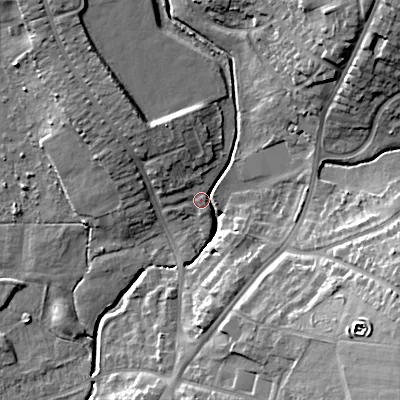 Shaded relief map of the ground around WS41SW, computed from Environment Agency LiDAR. The ground here sits at about 128 m above sea level and falls 18 m across the surrounding 800 m. Surface water reaching this point runs off ground lying to the south-east, 17.0 m higher.