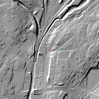 Shaded relief map of the ground around WS42BA, computed from Environment Agency LiDAR. The ground here sits at about 123 m above sea level and falls 16 m across the surrounding 800 m. Surface water reaching this point runs off ground lying to the east-north-east, 11.9 m higher.