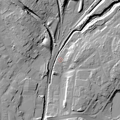 Shaded relief map of the ground around WS42BB, computed from Environment Agency LiDAR. The ground here sits at about 123 m above sea level and falls 17 m across the surrounding 800 m. Surface water reaching this point runs off ground lying to the east-north-east, 12.4 m higher.