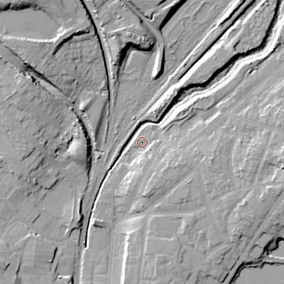 Shaded relief map of the ground around WS42BS, computed from Environment Agency LiDAR. The ground here sits at about 123 m above sea level and falls 21 m across the surrounding 800 m. Surface water reaching this point runs off ground lying to the east-south-east, 12.1 m higher.