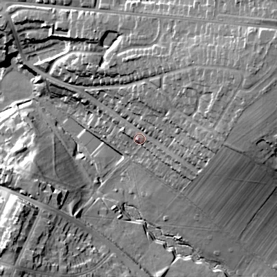 Shaded relief map of the ground around WS42EN, computed from Environment Agency LiDAR. The ground here sits at about 137 m above sea level and falls 31 m across the surrounding 800 m. Surface water reaching this point runs off ground lying to the east-north-east, 15.9 m higher.