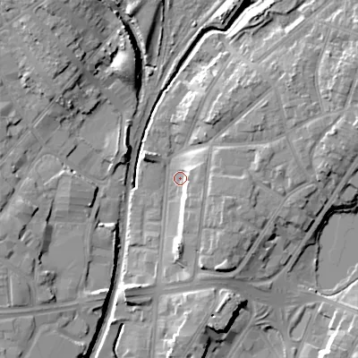 Shaded relief map of the ground around WS42LQ, computed from Environment Agency LiDAR. The ground here sits at about 122 m above sea level and falls 16 m across the surrounding 800 m. Surface water reaching this point runs off ground lying to the south, 8.0 m higher.