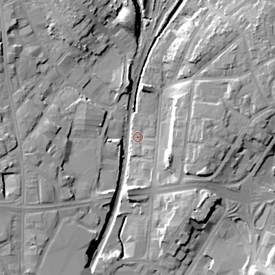 Shaded relief map of the ground around WS42LX, computed from Environment Agency LiDAR. The ground here sits at about 122 m above sea level and falls 14 m across the surrounding 800 m. Surface water reaching this point runs off ground lying to the west-south-west, 12.5 m higher.