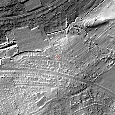 Shaded relief map of the ground around WS54LP, computed from Environment Agency LiDAR. The ground here sits at about 121 m above sea level and falls 18 m across the surrounding 800 m. Surface water reaching this point runs off ground lying to the south-south-east, 8.0 m higher.