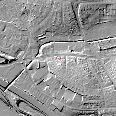 Shaded relief map of the ground around WS54PE, computed from Environment Agency LiDAR. The ground here sits at about 117 m above sea level and falls 16 m across the surrounding 800 m. Surface water reaching this point runs off ground lying to the south-east, 7.4 m higher.