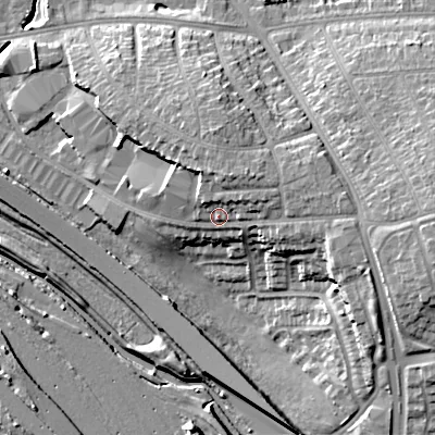 Shaded relief map of the ground around WS54PN, computed from Environment Agency LiDAR. The ground here sits at about 120 m above sea level and falls 19 m across the surrounding 800 m. Surface water reaching this point runs off ground lying to the north-north-east, 5.8 m higher.