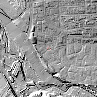 Shaded relief map of the ground around WS54RE, computed from Environment Agency LiDAR. The ground here sits at about 111 m above sea level and falls 23 m across the surrounding 800 m. Surface water reaching this point runs off ground lying to the south-west, 3.4 m higher.