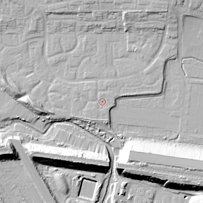 Shaded relief map of the ground around WS54SG, computed from Environment Agency LiDAR. The ground here sits at about 112 m above sea level and falls 22 m across the surrounding 800 m. Surface water reaching this point runs off ground lying to the south-south-west, 1.9 m higher.