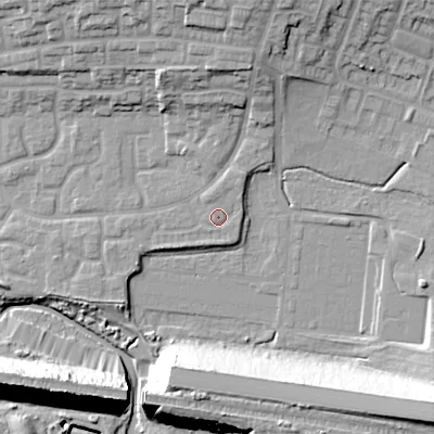 Shaded relief map of the ground around WS54SJ, computed from Environment Agency LiDAR. The ground here sits at about 112 m above sea level and falls 25 m across the surrounding 800 m. Surface water reaching this point runs off ground lying to the north-north-east, 1.9 m higher.