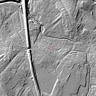 Shaded relief map of the ground around WS66LF, computed from Environment Agency LiDAR. The ground here sits at about 123 m above sea level and falls 22 m across the surrounding 800 m. Surface water reaching this point runs off ground lying to the south-south-west, 3.4 m higher.