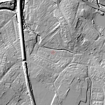 Shaded relief map of the ground around WS66LG, computed from Environment Agency LiDAR. The ground here sits at about 121 m above sea level and falls 20 m across the surrounding 800 m. Surface water reaching this point runs off ground lying to the south-south-west, 12.1 m higher.