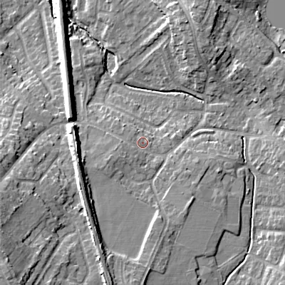 Shaded relief map of the ground around WS66LH, computed from Environment Agency LiDAR. The ground here sits at about 124 m above sea level and falls 22 m across the surrounding 800 m. Surface water reaching this point runs off ground lying to the south-west, 1.6 m higher.