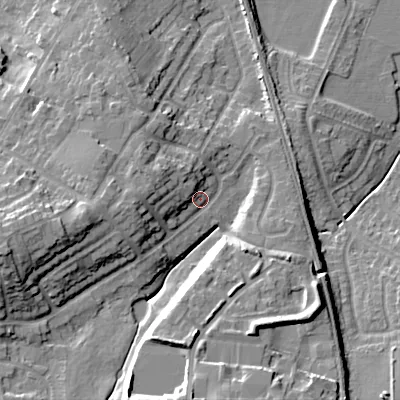 Shaded relief map of the ground around WS67BT, computed from Environment Agency LiDAR. The ground here sits at about 133 m above sea level and falls 22 m across the surrounding 800 m. Surface water reaching this point runs off ground lying to the west-south-west, 17.2 m higher.
