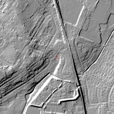Shaded relief map of the ground around WS67BU, computed from Environment Agency LiDAR. The ground here sits at about 132 m above sea level and falls 21 m across the surrounding 800 m. Surface water reaching this point runs off ground lying to the west-south-west, 14.8 m higher.