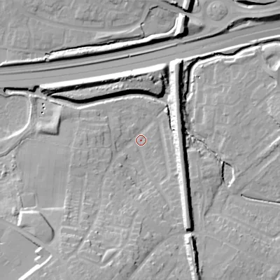 Shaded relief map of the ground around WS67EL, computed from Environment Agency LiDAR. The ground here sits at about 118 m above sea level and falls 19 m across the surrounding 800 m. Surface water reaching this point runs off ground lying to the south, 14.6 m higher.