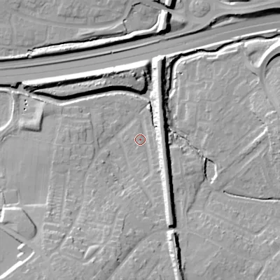 Shaded relief map of the ground around WS67EP, computed from Environment Agency LiDAR. The ground here sits at about 118 m above sea level and falls 19 m across the surrounding 800 m. Surface water reaching this point runs off ground lying to the south-south-west, 11.5 m higher.