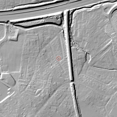 Shaded relief map of the ground around WS67ER, computed from Environment Agency LiDAR. The ground here sits at about 119 m above sea level and falls 20 m across the surrounding 800 m. Surface water reaching this point runs off ground lying to the south-south-west, 9.3 m higher.