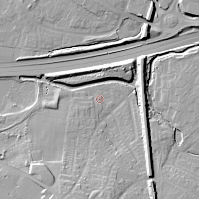 Shaded relief map of the ground around WS67ES, computed from Environment Agency LiDAR. The ground here sits at about 118 m above sea level and falls 18 m across the surrounding 800 m. Surface water reaching this point runs off ground lying to the south, 14.0 m higher.