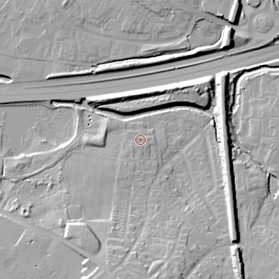 Shaded relief map of the ground around WS67HB, computed from Environment Agency LiDAR. The ground here sits at about 120 m above sea level and falls 18 m across the surrounding 800 m. Surface water reaching this point runs off ground lying to the south-west, 2.1 m higher.