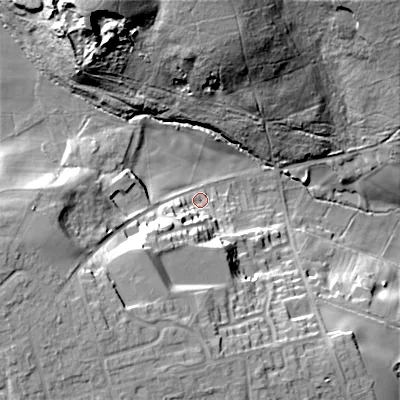 Shaded relief map of the ground around WS72PF, computed from Environment Agency LiDAR. The ground here sits at about 153 m above sea level and falls 35 m across the surrounding 800 m. Surface water reaching this point runs off ground lying to the west-south-west, 25.3 m higher.