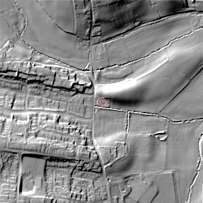 Shaded relief map of the ground around WS79BN, computed from Environment Agency LiDAR. The ground here sits at about 131 m above sea level and falls 29 m across the surrounding 800 m. Surface water reaching this point runs off ground lying to the west-south-west, 18.2 m higher.