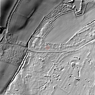 Shaded relief map of the ground around WS90PF, computed from Environment Agency LiDAR. The ground here sits at about 122 m above sea level and falls 22 m across the surrounding 800 m. Surface water reaching this point runs off ground lying to the east-south-east, 2.0 m higher.