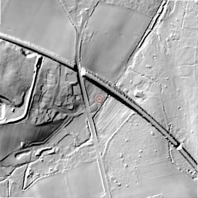 Shaded relief map of the ground around WS90PX, computed from Environment Agency LiDAR. The ground here sits at about 125 m above sea level and falls 27 m across the surrounding 800 m. Surface water reaching this point runs off ground lying to the west-south-west, 8.3 m higher.