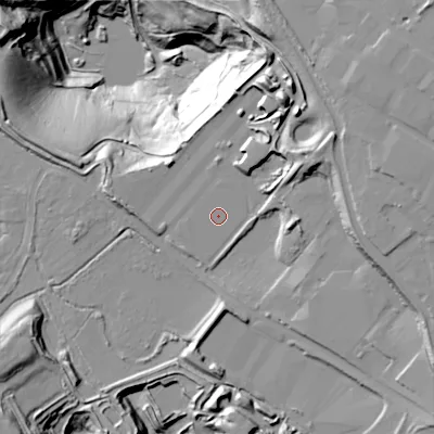 Shaded relief map of the ground around WS98BL, computed from Environment Agency LiDAR. The ground here sits at about 133 m above sea level and falls 57 m across the surrounding 800 m. The ground contributing surface water to this point lies to the east-south-east.