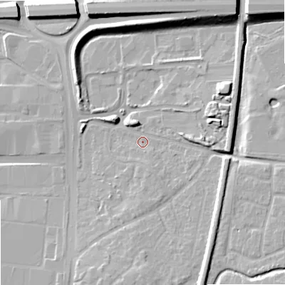 Shaded relief map of the ground around WV106NY, computed from Environment Agency LiDAR. The ground here sits at about 111 m above sea level and falls 15 m across the surrounding 800 m. Surface water reaching this point runs off ground lying to the south-south-east, 5.8 m higher.