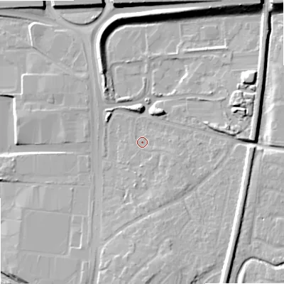 Shaded relief map of the ground around WV106NZ, computed from Environment Agency LiDAR. The ground here sits at about 111 m above sea level and falls 16 m across the surrounding 800 m. Surface water reaching this point runs off ground lying to the east-south-east, 2.1 m higher.