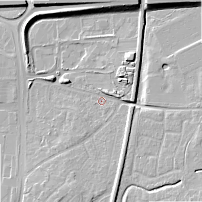 Shaded relief map of the ground around WV106PQ, computed from Environment Agency LiDAR. The ground here sits at about 112 m above sea level and falls 13 m across the surrounding 800 m. Surface water reaching this point runs off ground lying to the north-north-east, 11.7 m higher.