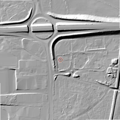 Shaded relief map of the ground around WV106TA, computed from Environment Agency LiDAR. The ground here sits at about 111 m above sea level and falls 17 m across the surrounding 800 m. Surface water reaching this point runs off ground lying to the south-south-east, 5.6 m higher.