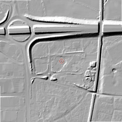 Shaded relief map of the ground around WV106TB, computed from Environment Agency LiDAR. The ground here sits at about 110 m above sea level and falls 16 m across the surrounding 800 m. Surface water reaching this point runs off ground lying to the north-east, 13.1 m higher.