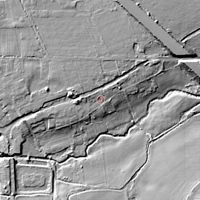 Shaded relief map of the ground around WV107DT, computed from Environment Agency LiDAR. The ground here sits at about 107 m above sea level and falls 14 m across the surrounding 800 m. Surface water reaching this point runs off ground lying to the east-north-east, 2.7 m higher.